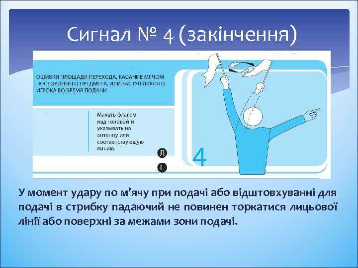Сигнал № 4 (закінчення) У момент удару по м’ячу при подачі або відштовхуванні для