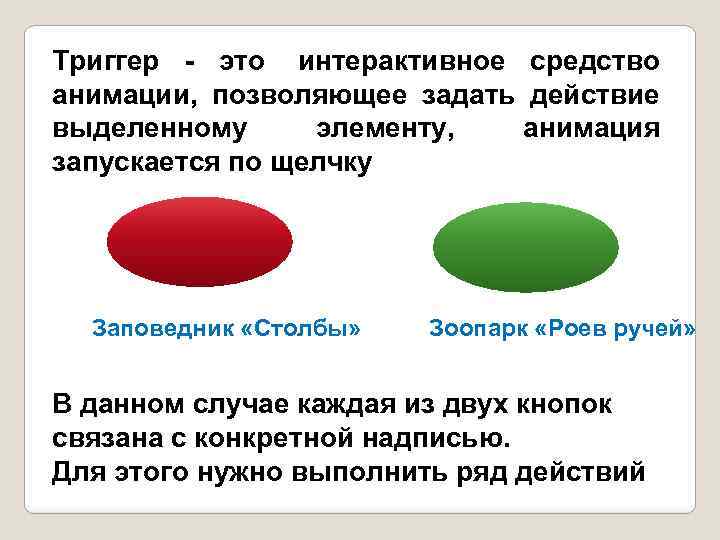 Триггер - это интерактивное средство анимации, позволяющее задать действие выделенному элементу, анимация запускается по