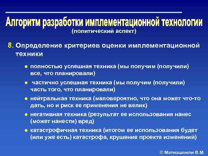 (политический аспект) 8. Определение критериев оценки имплементационной техники ● полностью успешная техника (мы получим