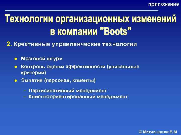 приложение 2. Креативные управленческие технологии ● Мозговой штурм ● Контроль оценки эффективности (уникальные критерии)