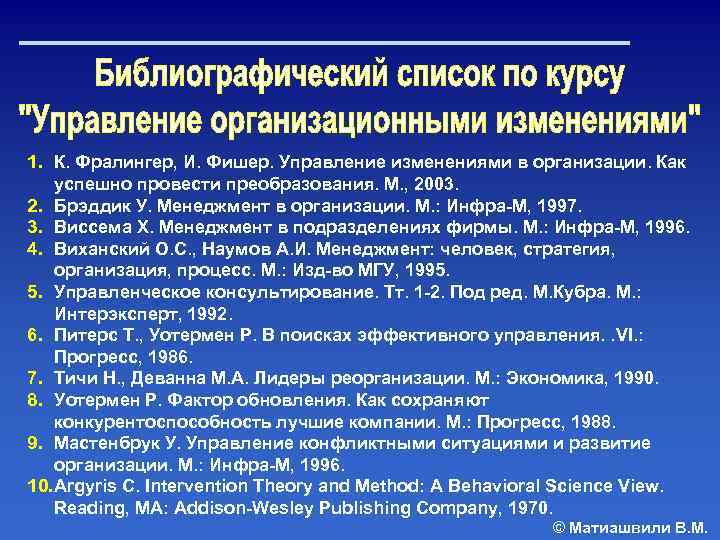 1. К. Фралингер, И. Фишер. Управление изменениями в организации. Как успешно провести преобразования. М.