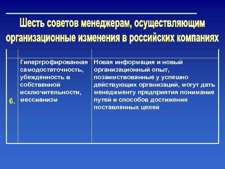 6. Гипертрофированная самодостаточность, убежденность в собственной исключительности, мессианизм Новая информация и новый организационный опыт,