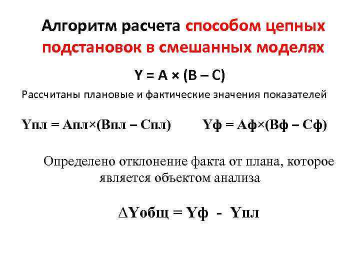 Алгоритм расчета способом цепных подстановок в смешанных моделях Y = A × (B –