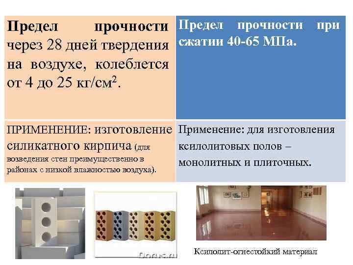 Предел прочности при через 28 дней твердения сжатии 40 -65 МПа. на воздухе, колеблется