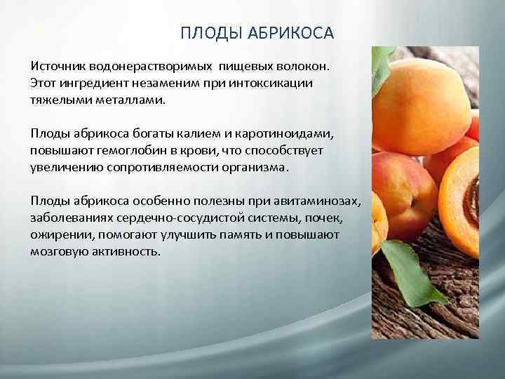 ПЛОДЫ АБРИКОСА Источник водонерастворимых пищевых волокон. Этот ингредиент незаменим при интоксикации тяжелыми металлами. Плоды
