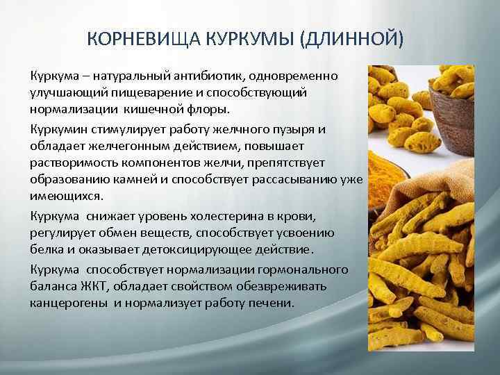КОРНЕВИЩА КУРКУМЫ (ДЛИННОЙ) Куркума – натуральный антибиотик, одновременно улучшающий пищеварение и способствующий нормализации кишечной
