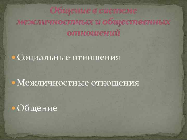 Общение в системе межличностных и общественных отношений Социальные отношения Межличностные отношения Общение 