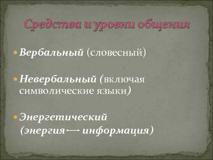 Средства и уровни общения Вербальный (словесный) Невербальный (включая символические языки) Энергетический (энергия информация) 