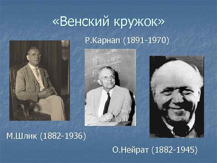  «Венский кружок» Р. Карнап (1891 -1970) М. Шлик (1882 -1936) О. Нейрат (1882