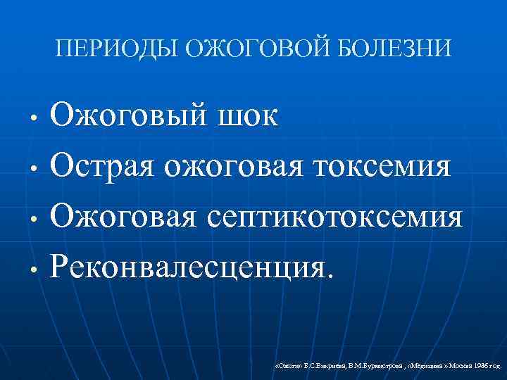 ПЕРИОДЫ ОЖОГОВОЙ БОЛЕЗНИ • • Ожоговый шок Острая ожоговая токсемия Ожоговая септикотоксемия Реконвалесценция. «Ожоги»