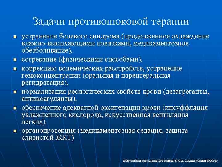 Задачи противошоковой терапии n n n устранение болевого синдрома (продолженное охлаждение влажно-высыхающими повязками, медикаментозное