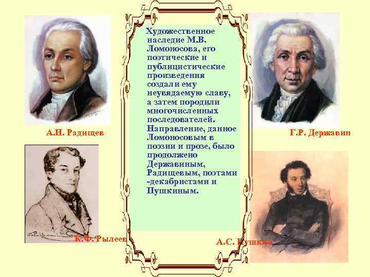 А. Н. Радищев К. Ф. Рылеев Художественное наследие М. В. Ломоносова, его поэтические и