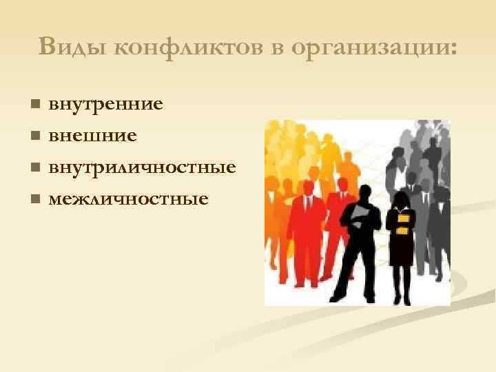 Виды конфликтов в организации: внутренние n внешние n внутриличностные n межличностные n 