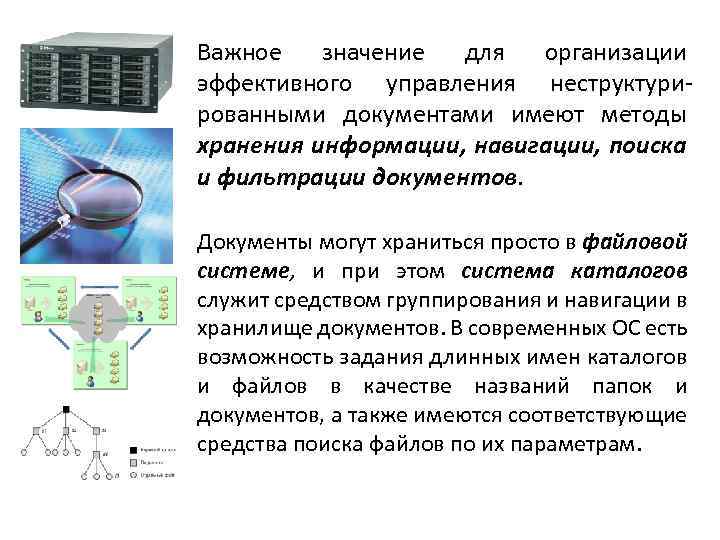 Важное значение для организации эффективного управления неструктурированными документами имеют методы хранения информации, навигации, поиска