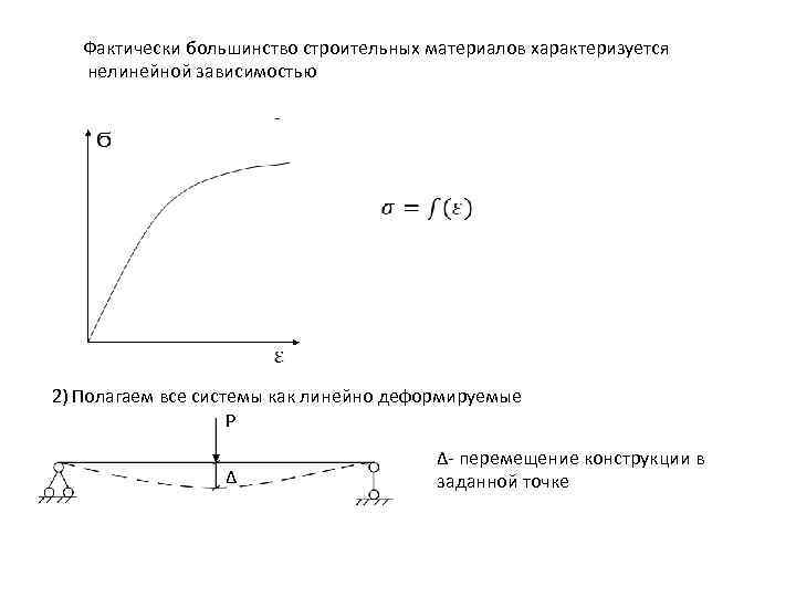 Фактически большинство строительных материалов характеризуется нелинейной зависимостью 2) Полагаем все системы как линейно деформируемые