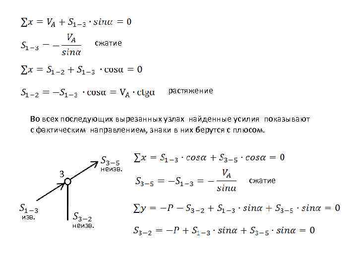 сжатие растяжение Во всех последующих вырезанных узлах найденные усилия показывают с фактическим направлением, знаки