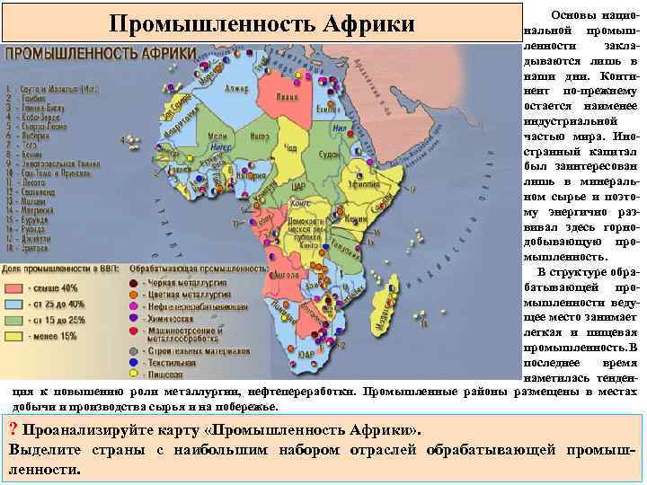 Основы национальной промышленности закладываются лишь в наши дни. Континент по-прежнему остается наименее индустриальной частью
