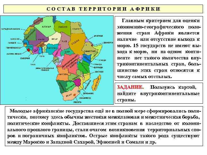 СОСТАВ ТЕРРИТОРИИ АФРИКИ Главным критерием для оценки экономико-географического положения стран Африки является наличие или