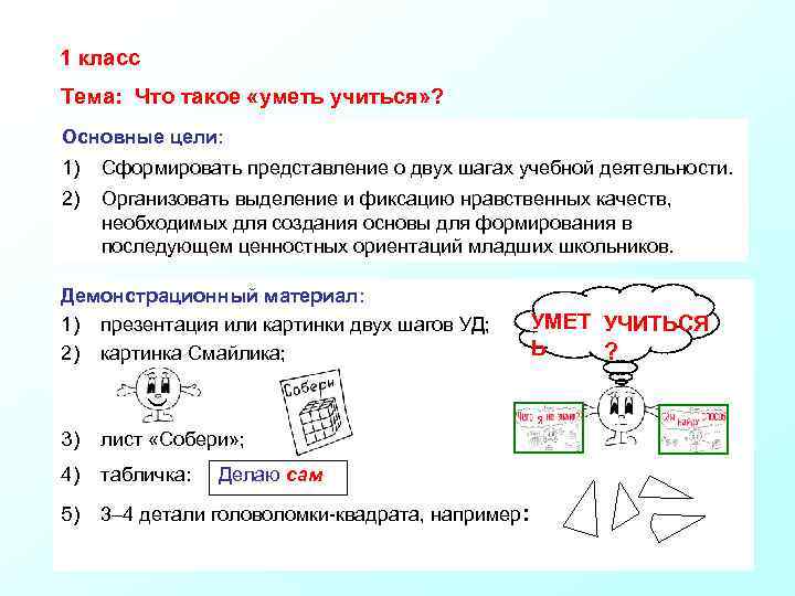 1 класс Тема: Что такое «уметь учиться» ? Основные цели: 1) Сформировать представление о