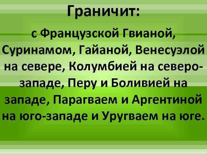 Граничит: с Французской Гвианой, Суринамом, Гайаной, Венесуэлой на севере, Колумбией на северозападе, Перу и