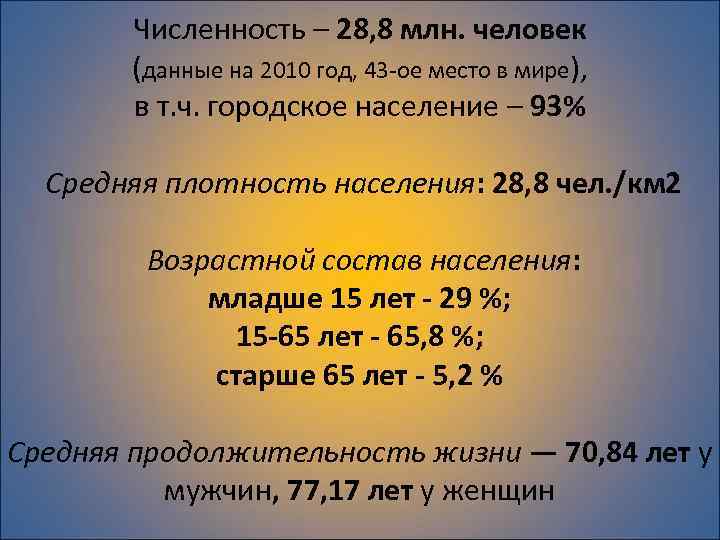 Численность – 28, 8 млн. человек (данные на 2010 год, 43 -ое место в