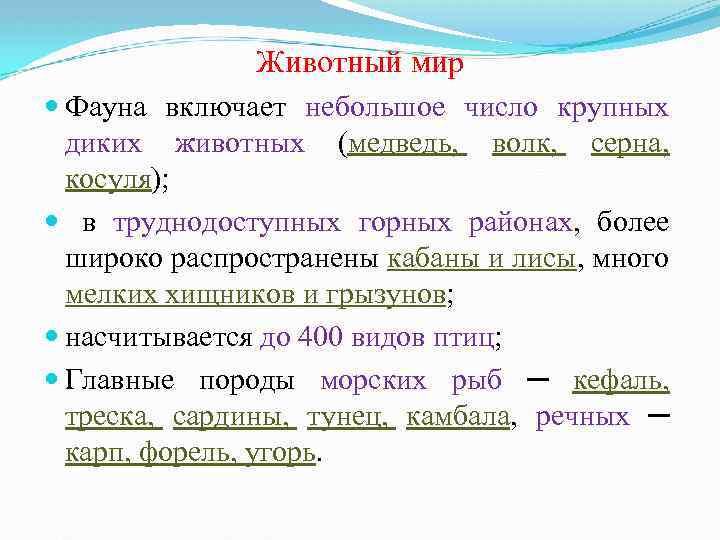 Животный мир Фауна включает небольшое число крупных диких животных (медведь, волк, серна, косуля); в