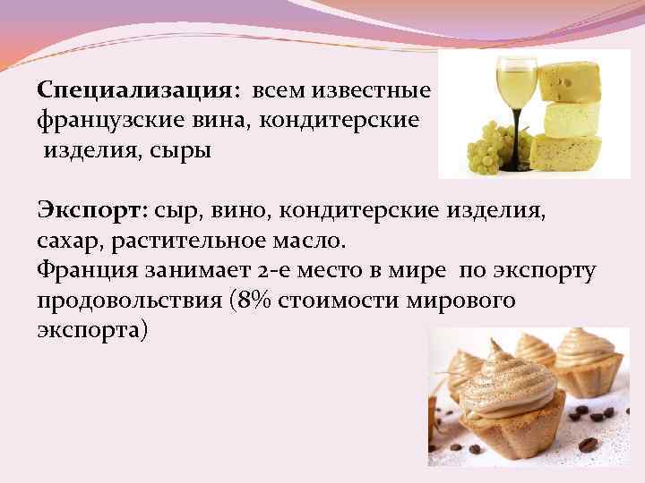 Специализация: всем известные французские вина, кондитерские изделия, сыры Экспорт: сыр, вино, кондитерские изделия, сахар,