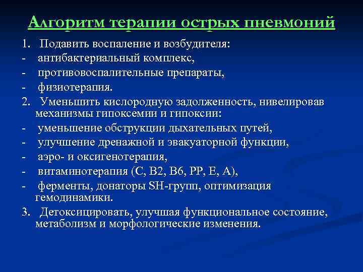 Алгоритм терапии острых пневмоний 1. Подавить воспаление и возбудителя: - антибактериальный комплекс, - противовоспалительные