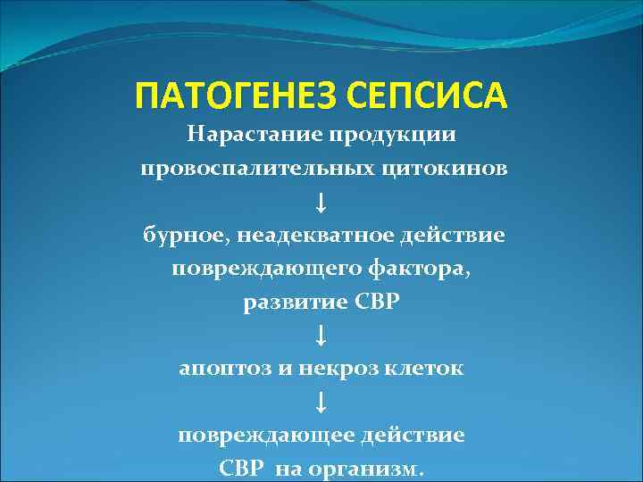ПАТОГЕНЕЗ СЕПСИСА Нарастание продукции провоспалительных цитокинов ↓ бурное, неадекватное действие повреждающего фактора, развитие СВР