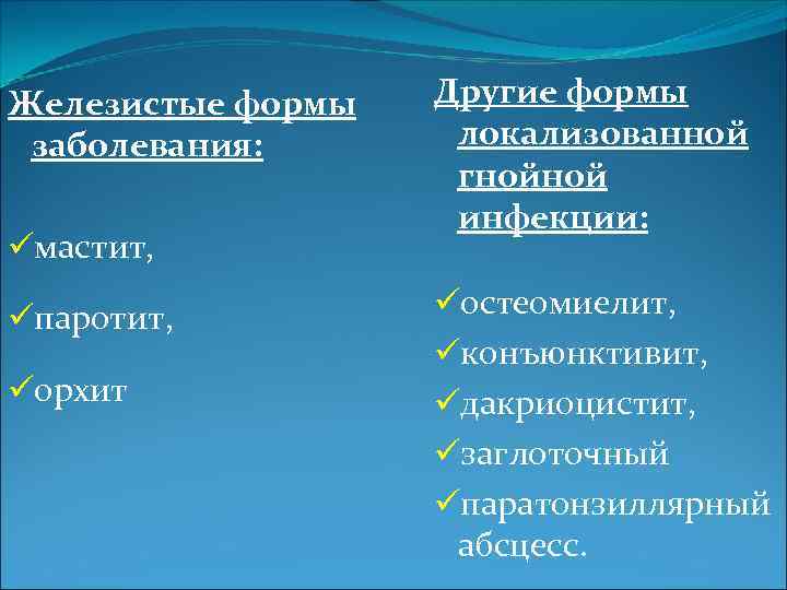 Железистые формы заболевания: üмастит, üпаротит, üорхит Другие формы локализованной гнойной инфекции: üостеомиелит, üконъюнктивит, üдакриоцистит,