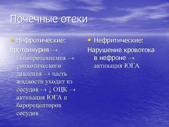 Почечные отеки • Нефротические: • Нефритические: протеинурия → гипопротеинемия → ↓онкотического давления → часть