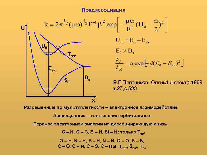 Предиссоциация U U 0 T * Eex S 0 De В. Г. Плотников Оптика