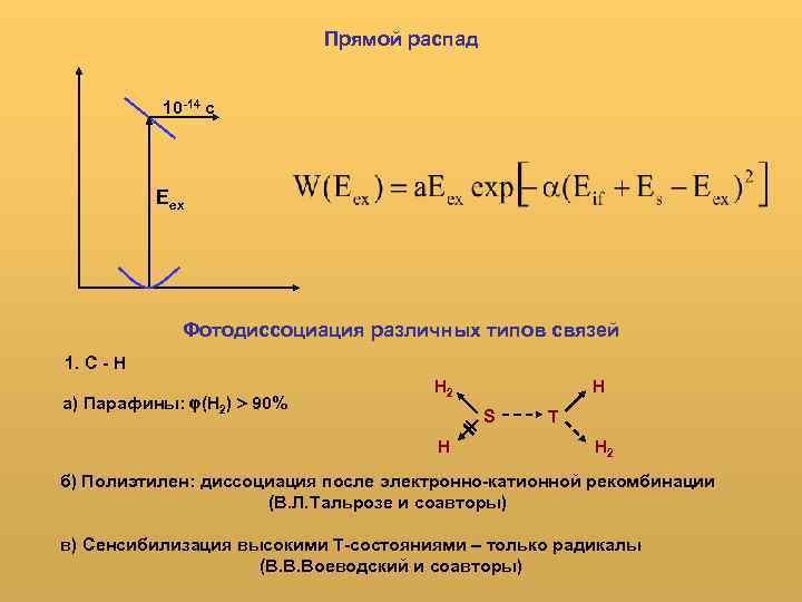 Прямой распад 10 -14 с Eex Фотодиссоциация различных типов связей 1. C - H