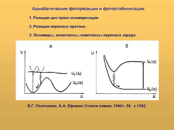 Адиабатические фотореакции и фотостабилизация 1. Реакции цис-транс изомеризации 2. Реакции переноса протона 3. Эксимеры,