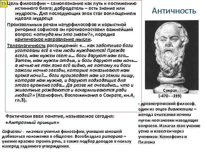 15 Цель философии – самопознание как путь к постижению истинного блага; добродетель – есть