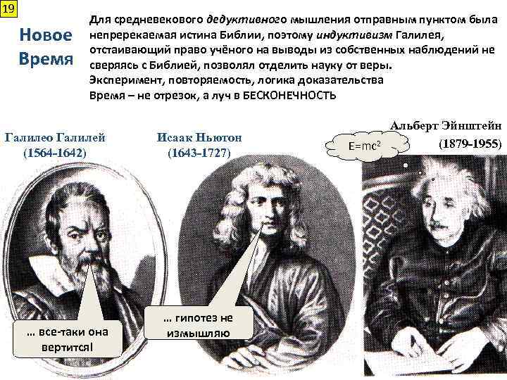 19 Новое Время Для средневекового дедуктивного мышления отправным пунктом была непререкаемая истина Библии, поэтому