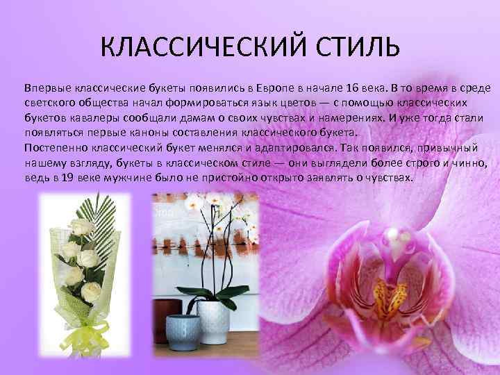 КЛАССИЧЕСКИЙ СТИЛЬ Впервые классические букеты появились в Европе в начале 16 века. В то