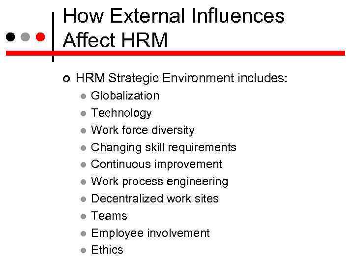 How External Influences Affect HRM Strategic Environment includes: Globalization Technology Work force diversity Changing