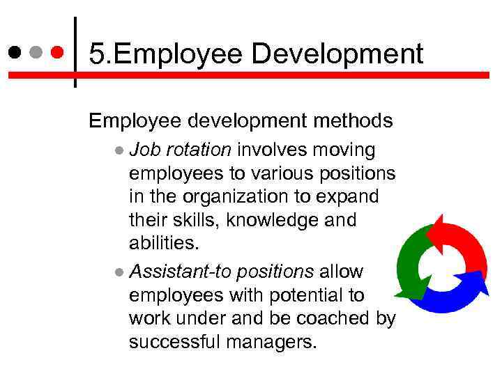 5. Employee Development Employee development methods Job rotation involves moving employees to various positions