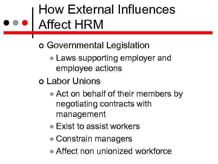 How External Influences Affect HRM Governmental Legislation Laws supporting employer and employee actions Labor