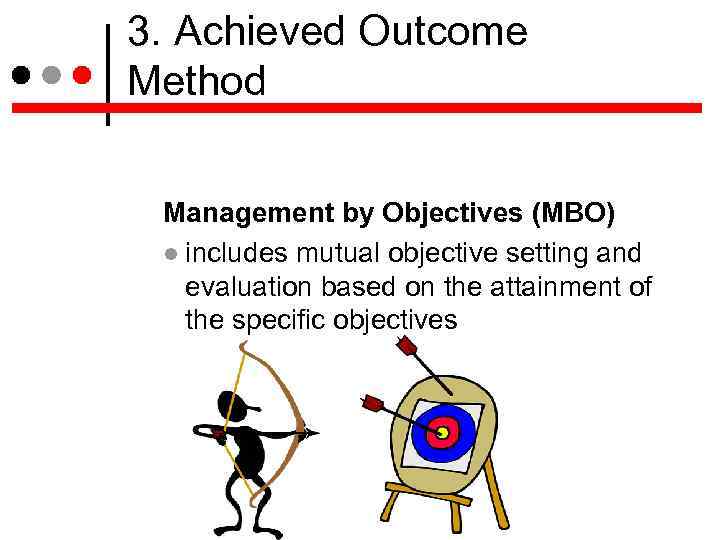 3. Achieved Outcome Method Management by Objectives (MBO) includes mutual objective setting and evaluation