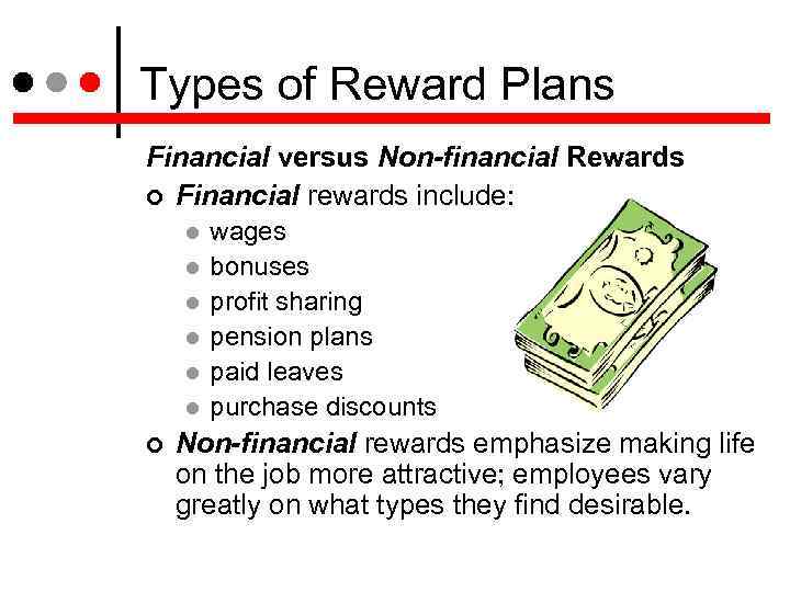 Types of Reward Plans Financial versus Non-financial Rewards Financial rewards include: wages bonuses profit