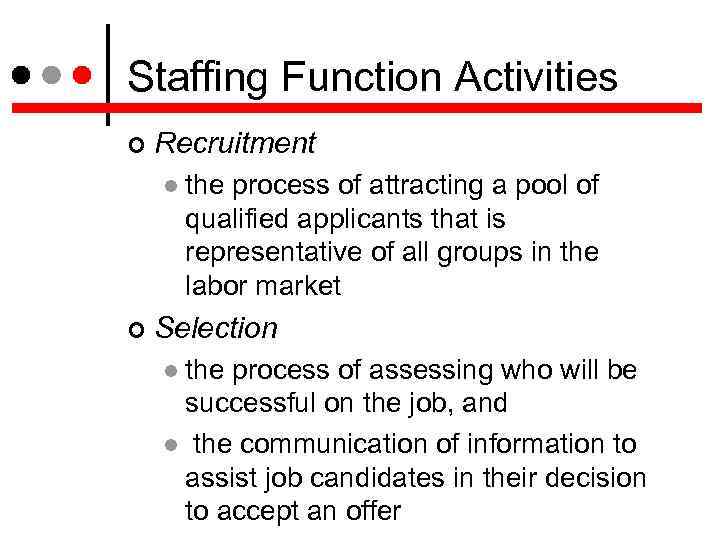 Staffing Function Activities Recruitment the process of attracting a pool of qualified applicants that