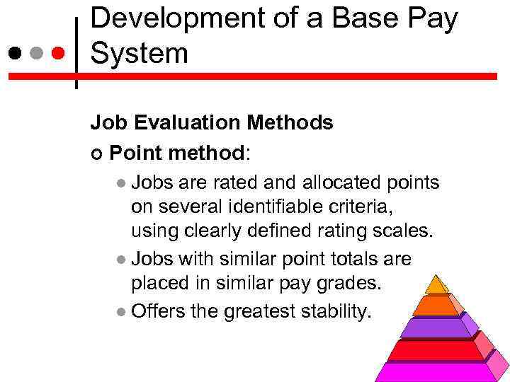 Development of a Base Pay System Job Evaluation Methods Point method: Jobs are rated