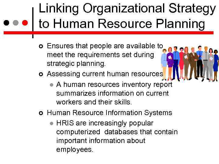 Linking Organizational Strategy to Human Resource Planning Ensures that people are available to meet