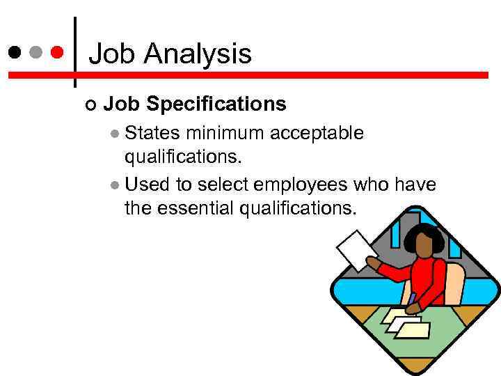 Job Analysis Job Specifications States minimum acceptable qualifications. Used to select employees who have