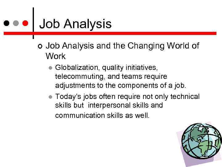 Job Analysis and the Changing World of Work Globalization, quality initiatives, telecommuting, and teams