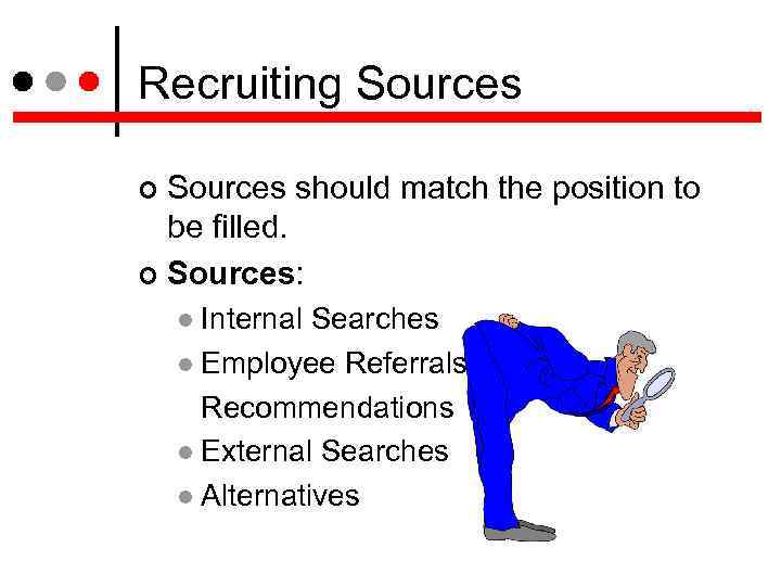 Recruiting Sources should match the position to be filled. Sources: Internal Searches Employee Referrals/