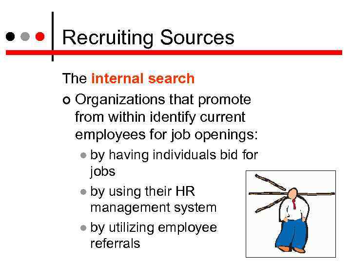 Recruiting Sources The internal search Organizations that promote from within identify current employees for