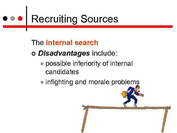 Recruiting Sources The internal search Disadvantages include: possible inferiority of internal candidates infighting and